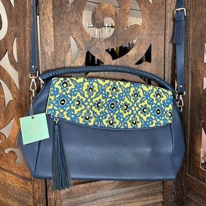 NWT Anthropologie POPINJAY Navy Blue Folder Embroidered Shoulder Purse Bag